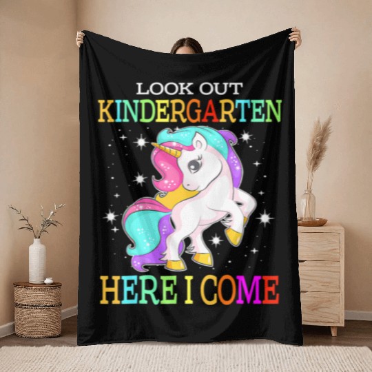 Look Out kindergarten Here I Come Unicorn back to Throw Blankets