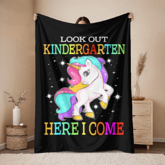 Look Out kindergarten Here I Come Unicorn back to Throw Blankets
