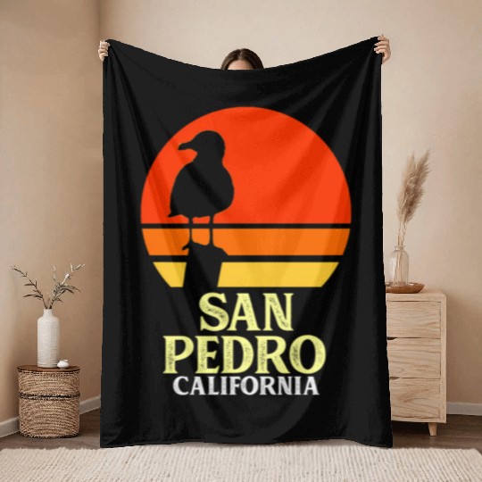 San Pedro California Beach Seagull Throw Blankets