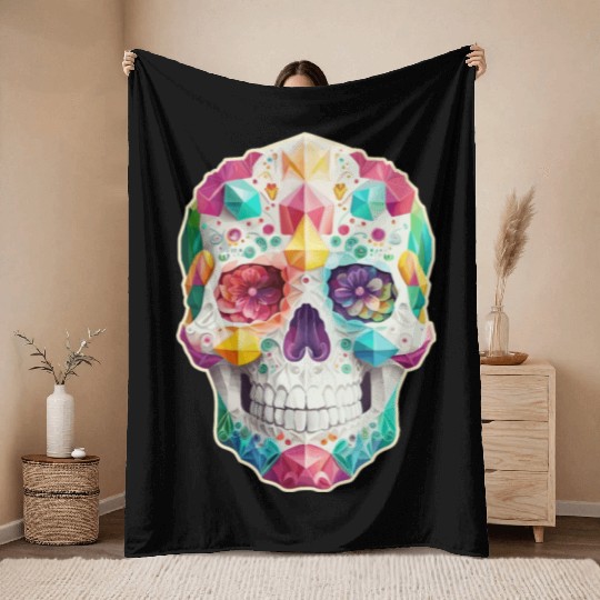 Jeweled Sugar Skull Throw Blankets