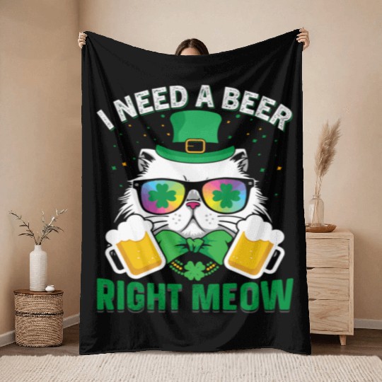 St Patric Day Cat I Need A Beer Right Meow Throw Blankets