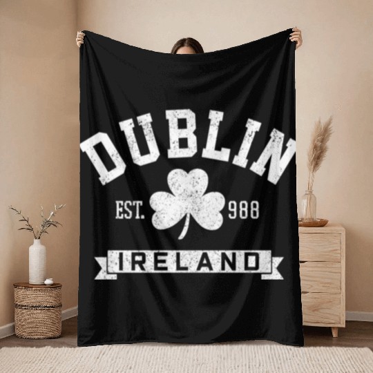 Dublin Ireland Est 988 Clover Leaf Shamrock St Throw Blankets