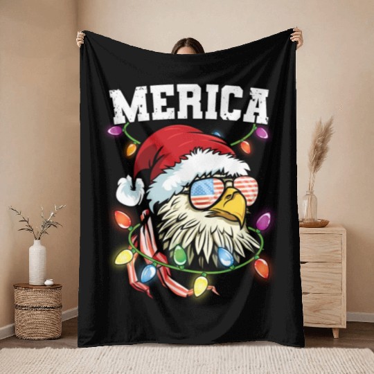 Merica Usa Flag Patriotic Veteran Santa Bald Eagle Throw Blankets