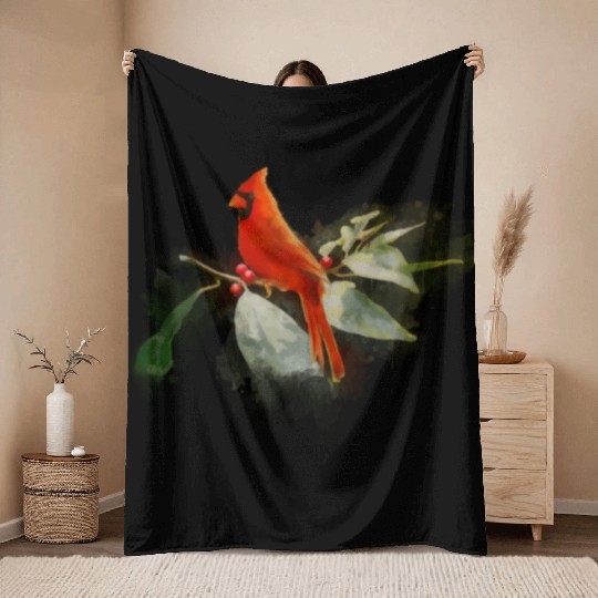 Wild Red Cardinal Bird Throw Blankets