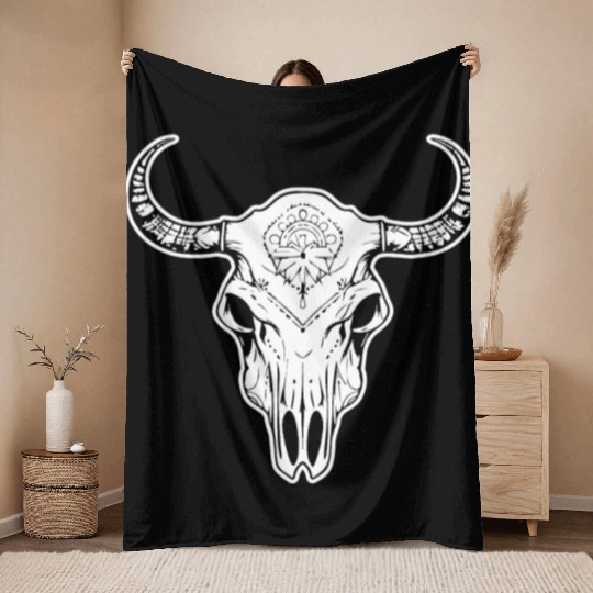 Cow Skull Boho Throw Blankets