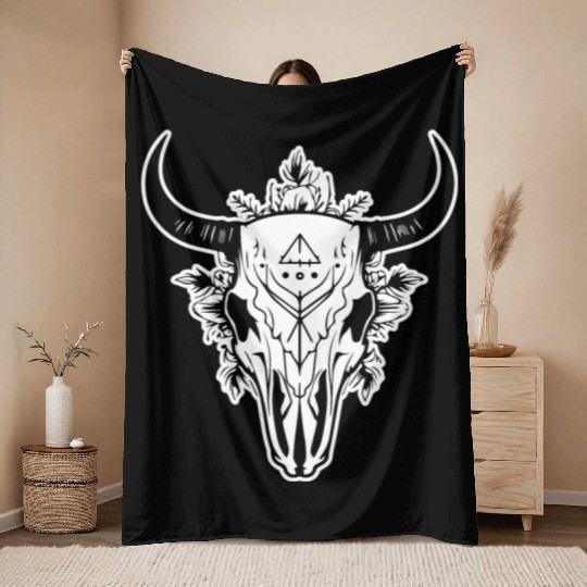 Cow Skull Boho Throw Blankets