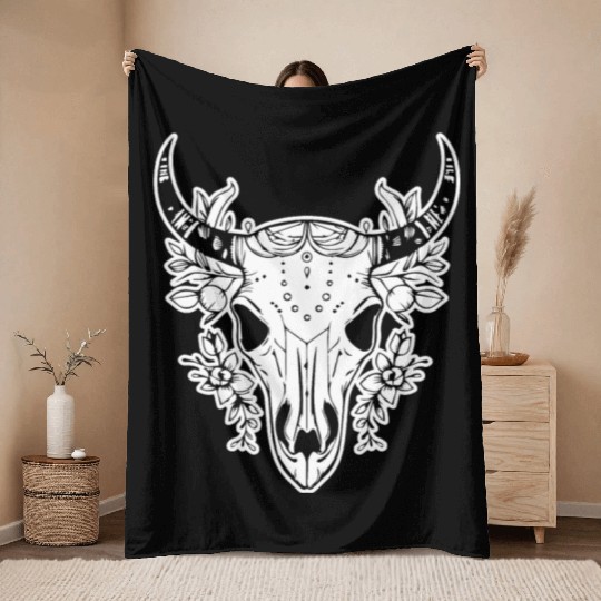 Cow Skull Boho Throw Blankets