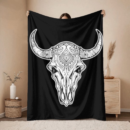 Cow Skull Boho Throw Blankets