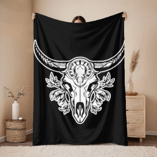 Cow Skull Boho Throw Blankets