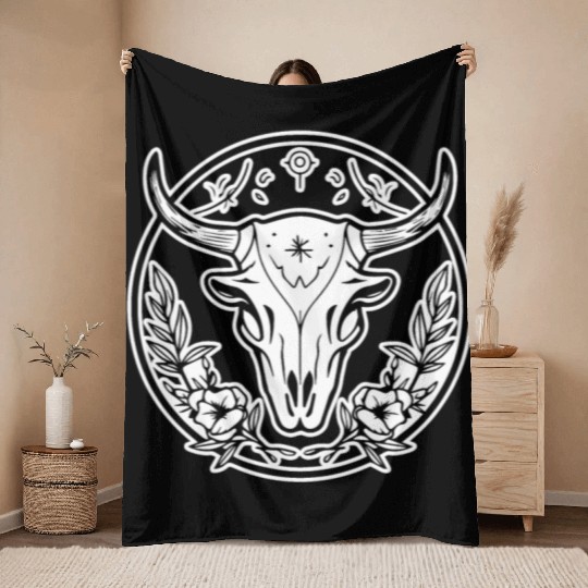 Cow Skull Boho Throw Blankets