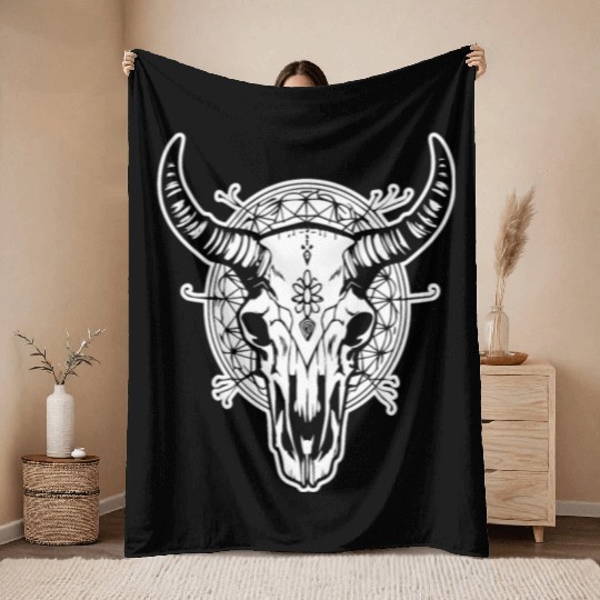 Cow Skull Boho Throw Blankets