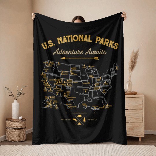 62 National Par Map Us Park Camping Hiking Throw Blankets