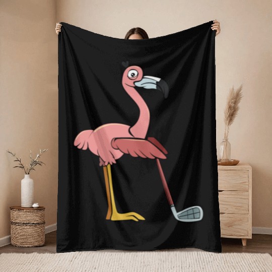 Flamingo Play Golf Pink Funny Animal Playing Golf Throw Blankets