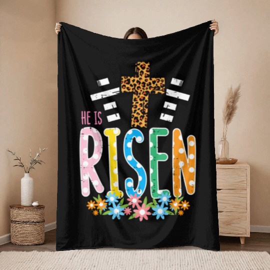 He Is Risen Leopard Cross Easter Jesus Religious Throw Blankets