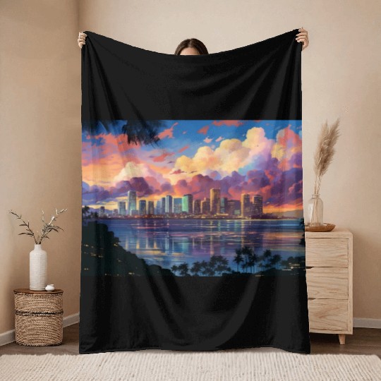 Anime Honolulu A Vibrant Anime Inspired Skyline Throw Blankets