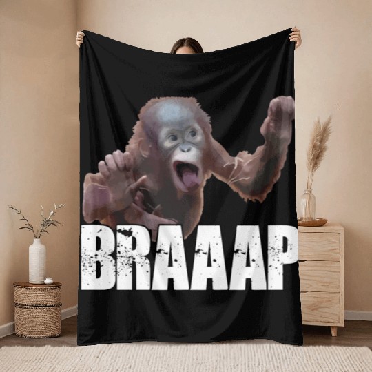 Braaap Monkey Face Riding A Motocross Throw Blankets
