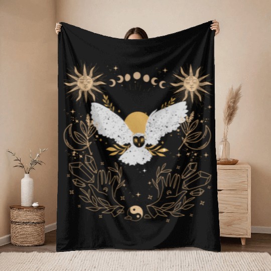 Dark Academia Tarot Card Sun Moon Crystals Owl Throw Blankets