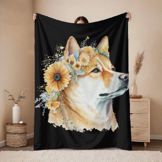 Watercolor Shiba Inu Sunflower Dog Breed Pet Puppy Throw Blankets