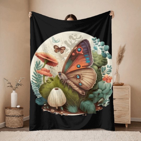 Cottagecore Butterfly Mushroom Plants Botanic Herb Throw Blankets