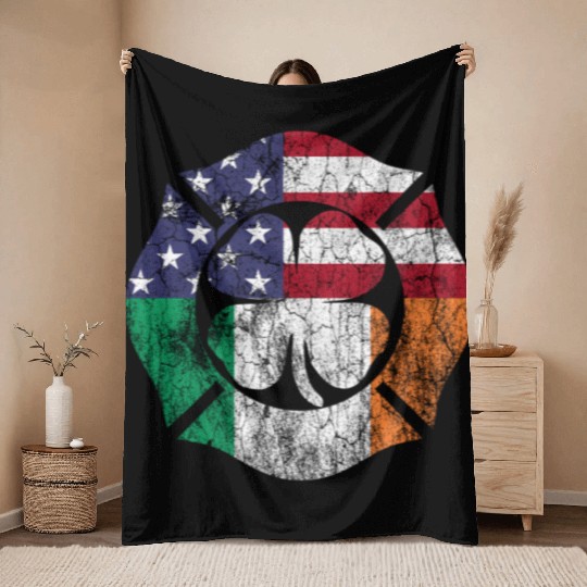 Firefighter St Patric Day Irish American Flag Throw Blankets