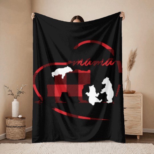 Mama Bear 3 Cubs Red Buffalo Plaid Heart For Mom Throw Blankets