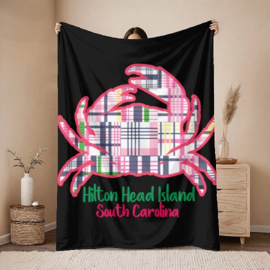 Hilton Head Island Preppy Plaid Crab Throw Blankets