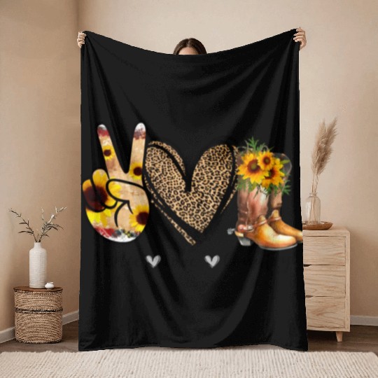 Sunflower Peace Love Country Cowgirl Midwest Boot Throw Blankets