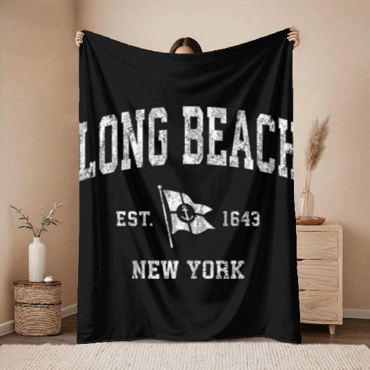 Long Beach Ny Nautical Boat Anchor Flag Sports Throw Blankets