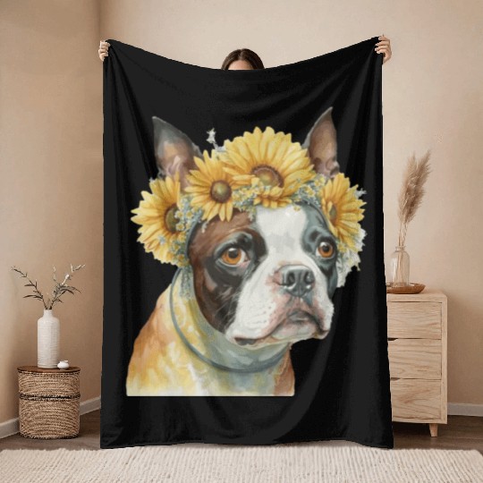 Cute Boston Terrier Sunflower Dog Breed Pet Puppy Throw Blankets