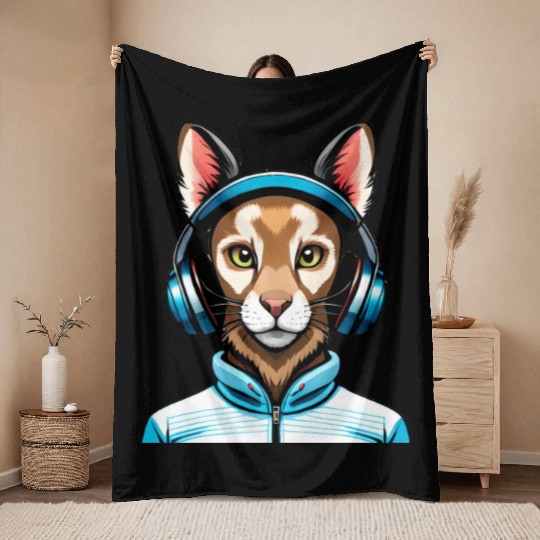 Cool rabbit with headphones Throw Blankets