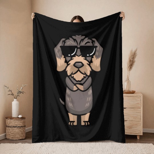 Wire-Haired Dachshund Dog With Sunglasses Throw Blankets