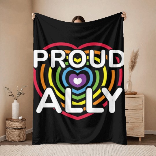 Proud Ally Rainbow Heart LGBTQIA Pride Month v01 Throw Blankets