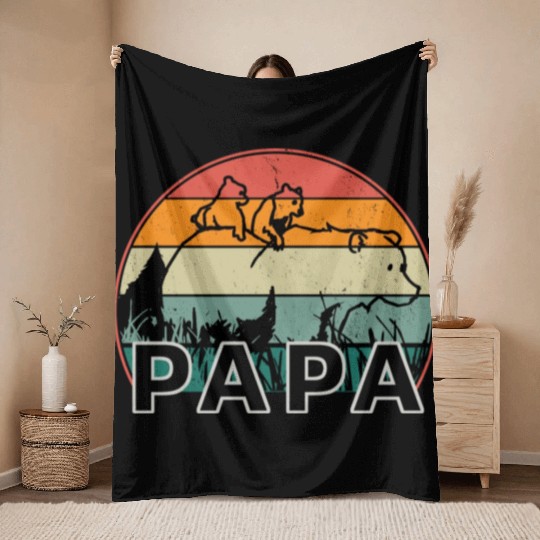 Papa Bear With Cubs Retro Grizzly Bear Forest Tree Throw Blankets