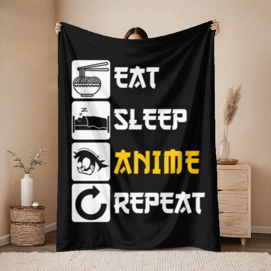Eat Sleep Anime Repeat Manga Japan Saying Cosplay Throw Blankets