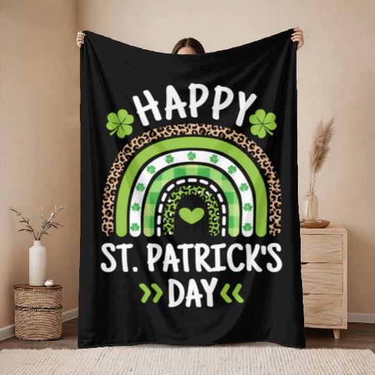 Happy St Patric Day Leopard Print Rainbow Throw Blankets