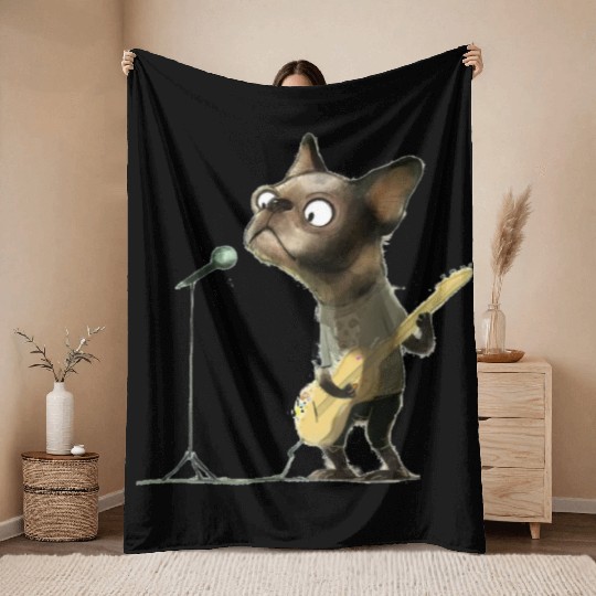 puppy playing guitar Throw Blankets
