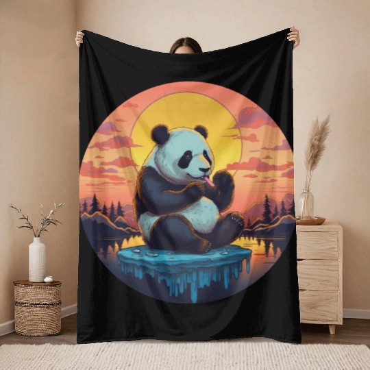 Cute Panda on Ice Floe with Sweets - Sunset Throw Blankets