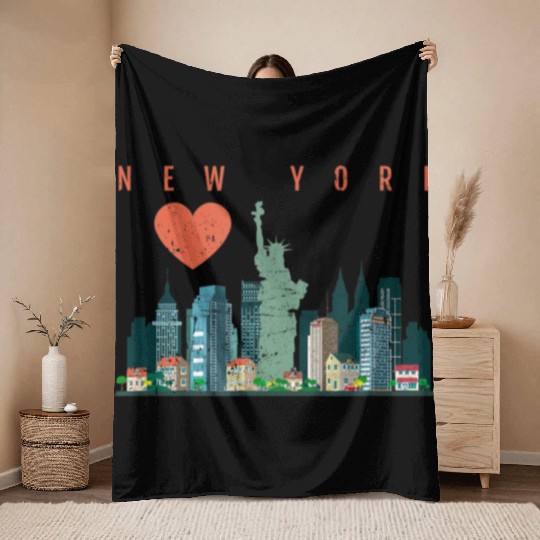 New York City Nyc Skyline Heart Distressed Style Throw Blankets