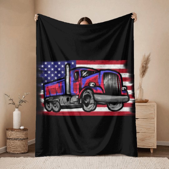 Dump Truck Usa Flag Garbage Trucker Throw Blankets