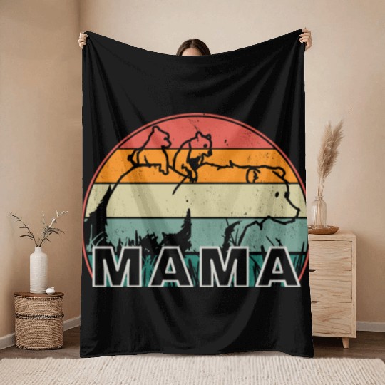 Mama Bear grizzly Retro With Cubs distressed print Throw Blankets