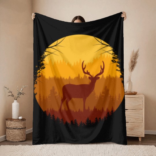 Autumn Forest And Deer Throw Blankets