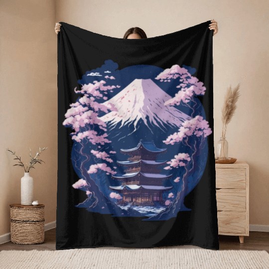 Mount Fuji and a Temple With Cherry Blossoms Throw Blankets