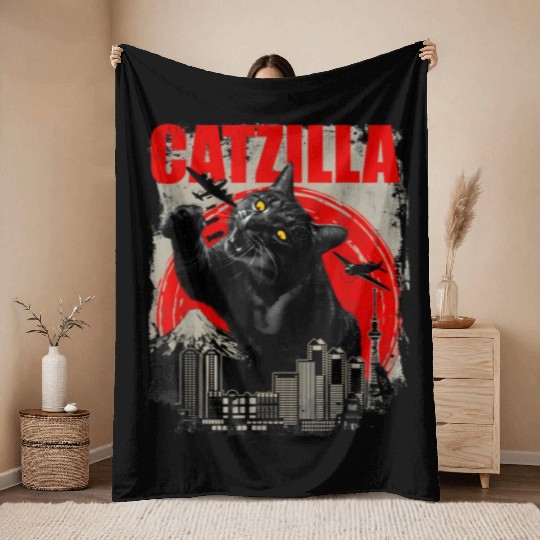 Catzilla Vintage Funny Cute Cat Art Japanese Sunse Throw Blankets