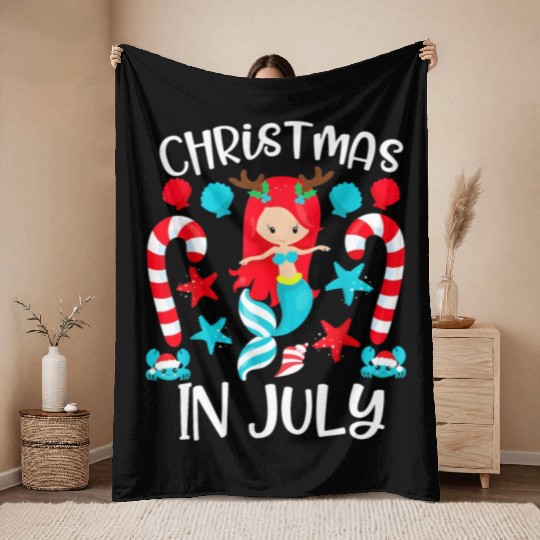 Christmas In July Cute Mermaid Summer Vacation Throw Blankets