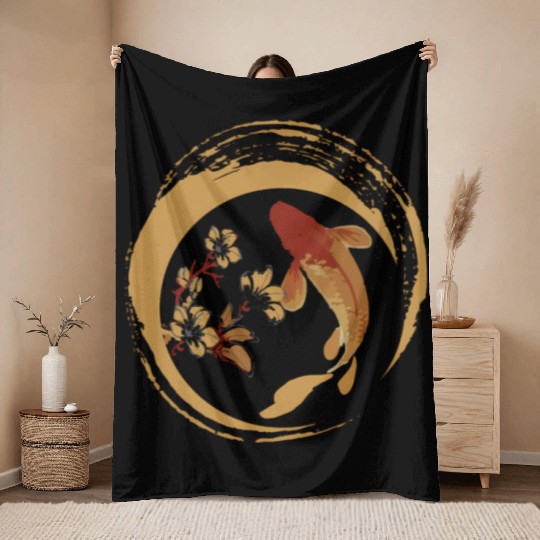 Koi Fish Japanese Koi Carp Cherry Blossom Sakura Throw Blankets