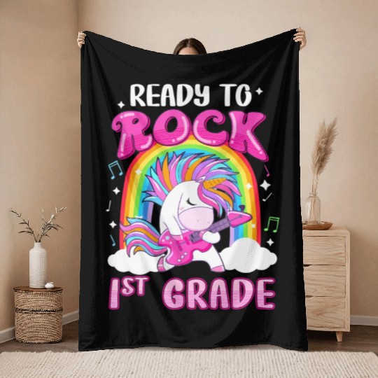 Rocking 1St Grade Electric Guitar Unicorn Rainbow Throw Blankets