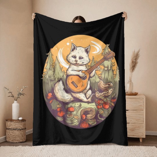 Cat Playing Banjo In The Forest in Cottagecore Throw Blankets