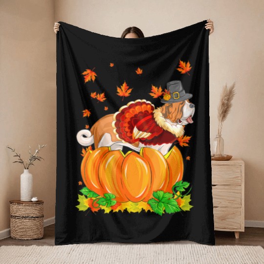 Saint Bernard Dog Thanksgiving Turkey Pumpkin Throw Blankets