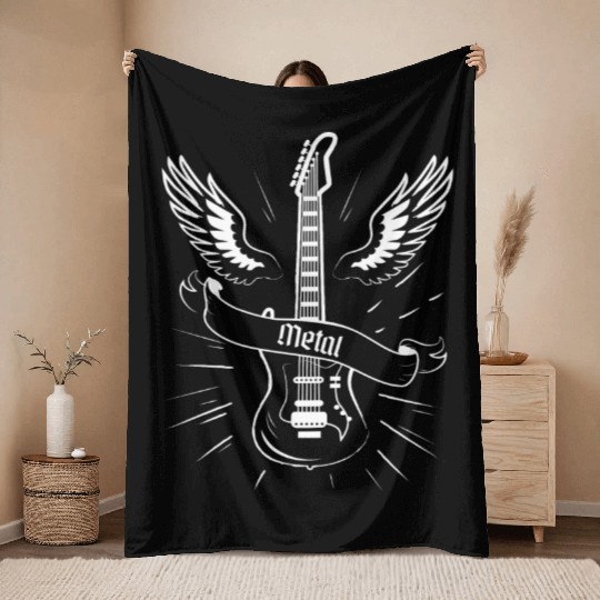 Black Hard Rock Guitar Throw Blankets