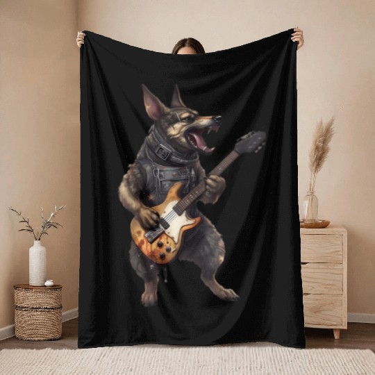 German Shepherd Dog Playing On Electric Guitar Throw Blankets